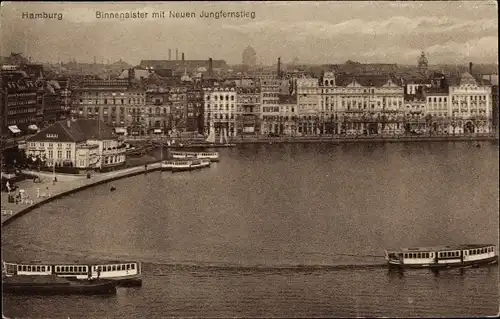 Ak Hamburg Altstadt, Binnenalster mit Neuem Jungfernstieg, Dampfer, Binnenschiff, Promenade, Häuser