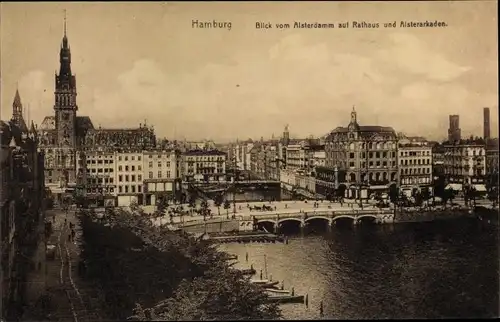Ak Hamburg Altstadt, Blick vom Alsterdamm auf Rathaus u. Alsterarkaden, Brücke, G. Rudolf Mosse