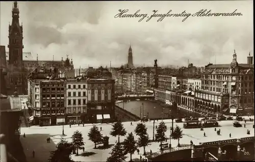 Ak Hamburg Altstadt, Jungfernstieg, Alsterarkaden, Rathaus, G. Rudolf Mosse, Straßenbahn