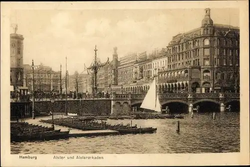 Ak Hamburg Altstadt, Reesendammbrücke, Alster, Alsterarkaden, Anlegestelle, Boote