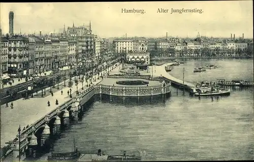 Ak Hamburg Altstadt, Alter Jungfernstieg, Allee, Anlegestelle, Häuser, Passanten