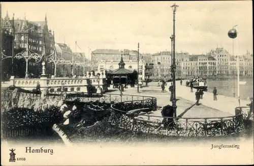 Ak Hamburg Altstadt, Jungfernstieg, Dampfer, Pavillon, Passanten