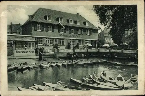 Ak Kleve am Niederrhein, Hotel Cafe Scho, Bootshaus, Ruderboote, Kegelbahn