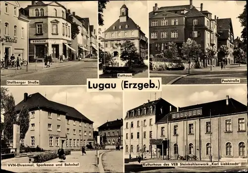 Ak Lugau im Erzgebirge, Rathaus, Kulturhaus, Ehrenmal, Sparkasse, Bahnhof, Straßenansicht