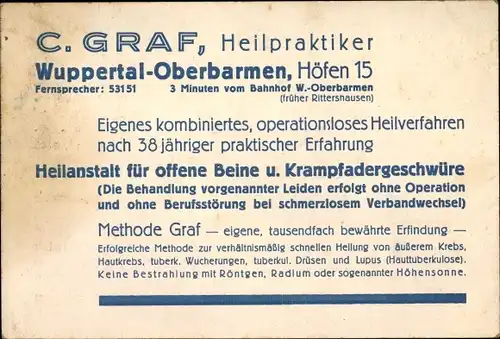 Ak Barmen Wuppertal Nordrhein Westfalen, Heilpraktiker C. Graf, Reklamekarte