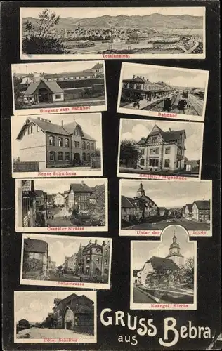 Ak Bebra an der Fulda Hessen, Totalansicht von Ort, Eingang zum Bahnhof, Hotel Schlüter, Schulhaus
