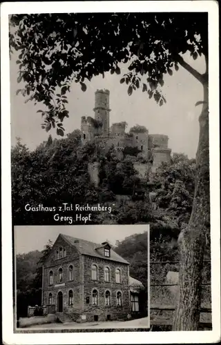 Ak Reichenberg in Rheinland Pfalz, Gasthaus z. Tal, Bes. Georg Hopf, Außenansicht, Burgruine
