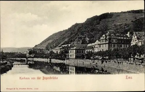 Ak Bad Ems an der Lahn, Kurhaus von der Bogenbrücke, Außenansicht