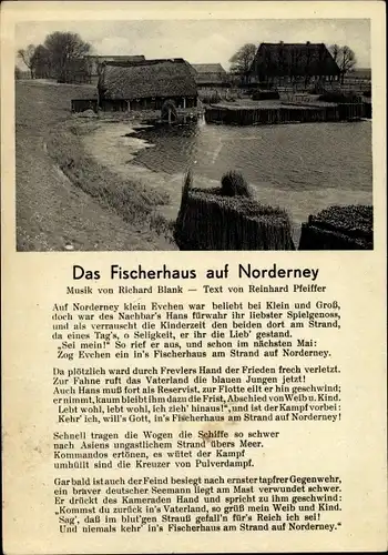 Ak Norderney in Ostfriesland, Fischerhaus, Hütten am Teich, Liedtext