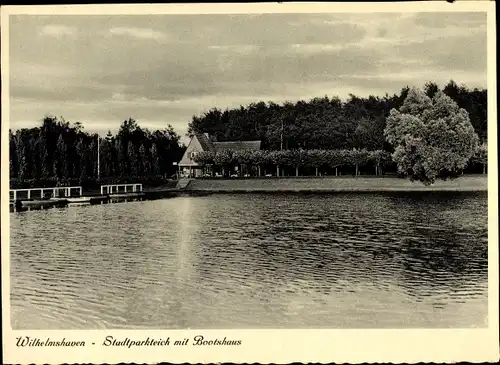 Ak Wilhelmshaven in Niedersachsen, Stadtparkteich mit Bootshaus