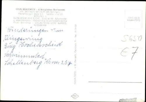 Ak Solingen in Nordrhein Westfalen, Haus Sonneneck, Inh. Willibald Wittner, Pfaffenberger Weg 112