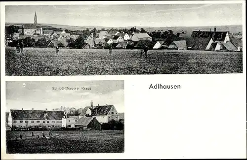 Ak Adlhausen Langquaid in Niederbayern, Schloss Brauerei Kraus, Blick vom Feld auf die Ortschaft