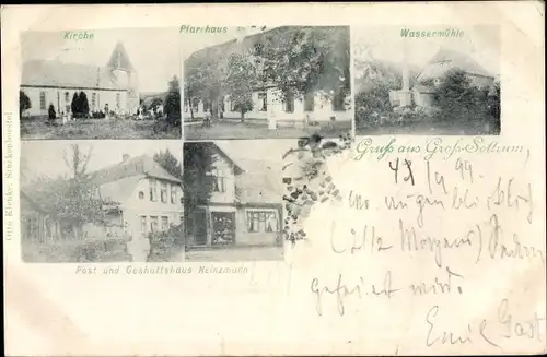 Ak Sottrum in Niedersachsen, Kirche, Pfarrhaus, Wassermühle, Post und Geschäftshaus Heinzmann