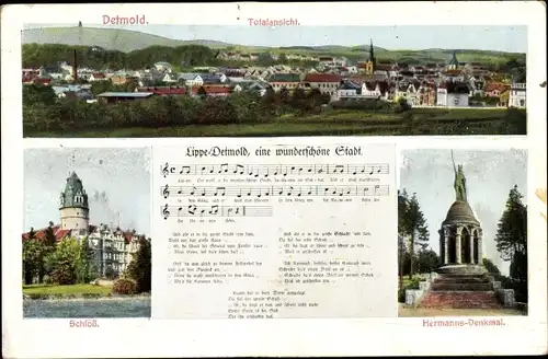 Lied Ak Detmold in Nordrhein Westfalen, Totalansicht, Schloss, Hermannsdenkmal