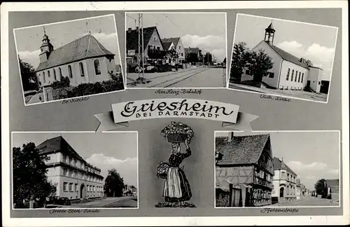 Ak Griesheim in Hessen, Ev. Kirche, Kath. Kirche, Friedr. Ebert Schule, Pfützenstraße
