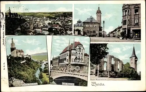 Ak Weida in Thüringen, Markt, Café Museum, Schloss Osterburg, Ruine Wiedenkirche