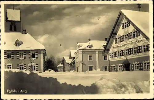 Ak Eglofs Argenbühl im Allgäu Baden Württemberg, Gasthof zum Löwen von Josef Ellgass, Winterszene 