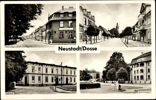 Ak Neustadt Dosse in Brandenburg, Bahnhof, Karl Marx Straße, Robert Koch Straße, Bahnhofsplatz