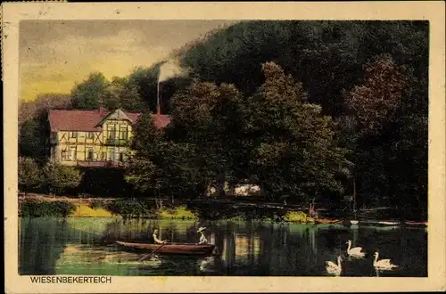 Ak Bad Lauterberg im Harz, Hotel Wiesenbeker Teich, Ruderboot, Schwäne