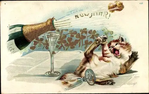 Präge Litho Glückwunsch Neujahr, Sektflasche, Katze erschrickt vor fliegendem Korken