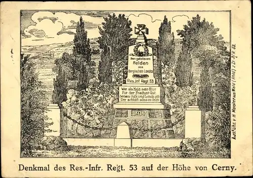Künstler Ak Cerny Aisne, Denkmal des Res. Infr. Regt. 53, Helden des Bergischen Landes, 1914