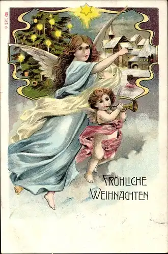 Litho Frohe Weihnachten, Engel mit Trompete, Tannenbaum, Stern