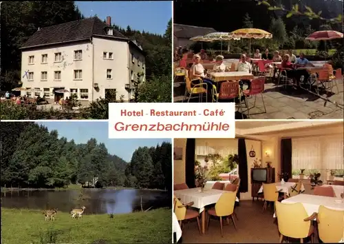 Ak Horhausen im Westerwald, Hotel Grenzbachmühle, Bes. J. Diefenthal, Außenansicht, Terrasse, Rehe