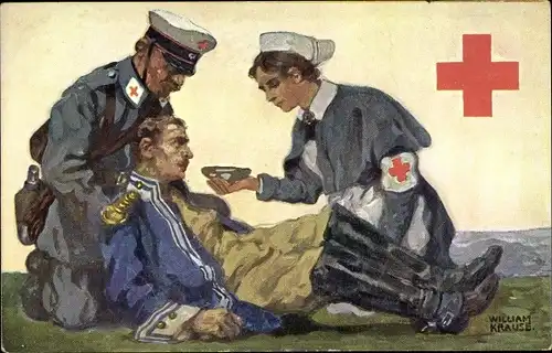 Künstler Ak Krause, William, Rotes Kreuz Sachsen, Verwundeter Soldat, Krankenschwester, Arzt