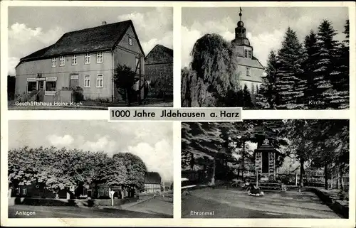 Ak Ildehausen Seesen in Niedersachsen, Geschäftshaus Heinz Koch, Kirche, Anlagen, Ehrenmal