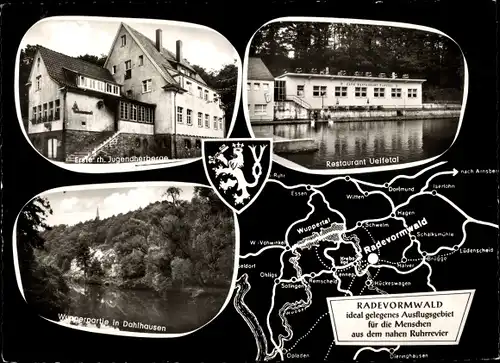 Ak Radevormwald Bergisches Land, Wappen, Erste rh. Jugendherberge, Restaurant Uelfetal, Landkarte