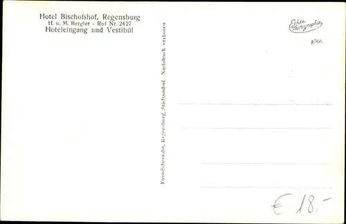 Ak Regensburg an der Donau Oberpfalz, Hotel Bischofshof, Inh. H.u.M. Bergler, Hoteleingang, Vestibül
