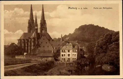 Ak Marburg an der Lahn, Mühlgraben, Wohnhäuser und Kirche