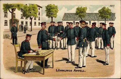 Litho Soldaten beim Löhnungsappell, Soldauszahlung, Bruno Bürger 7510