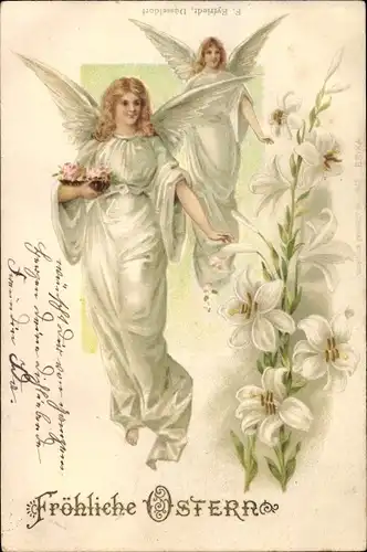Ak Glückwunsch Ostern, Zwei Engel, Weiße Lilien
