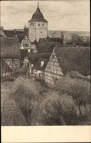 Künstler Ak Schönleber, Gustav, Sersheim Baden Württemberg, Turm, Fachwerkhäuser