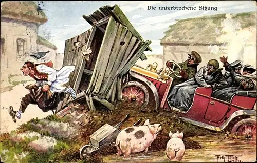 Künstler Ak Arthur Thiele, Die unterbrochene Sitzung, Schwein, Auto