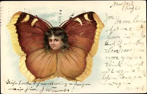 Litho Vermenschlichter Schmetterling, Kopf eines Mädchens, braune Locken