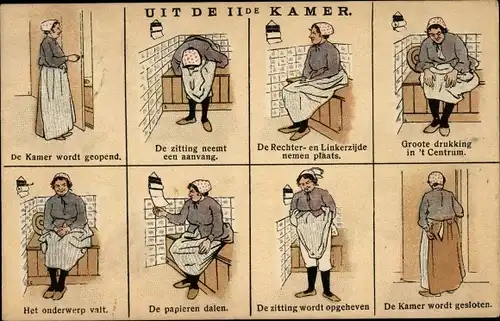 Künstler Ak Uit de IIde Kamer, Anleitung für Benutzung einer Toilette, Frau auf dem Plumpsklo