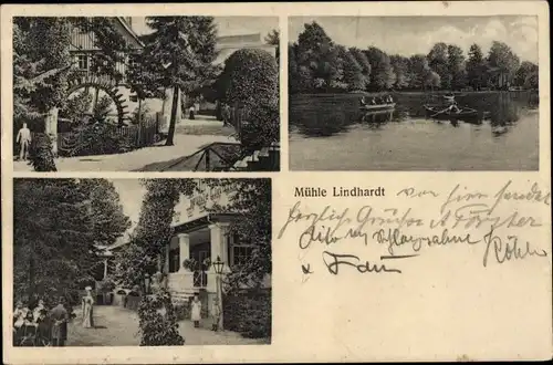 Ak Lindhardt Naunhof in Sachsen, Mühle Lindhardt, Außenansicht, Mühlenrad, Uferpartie, Ruderboote