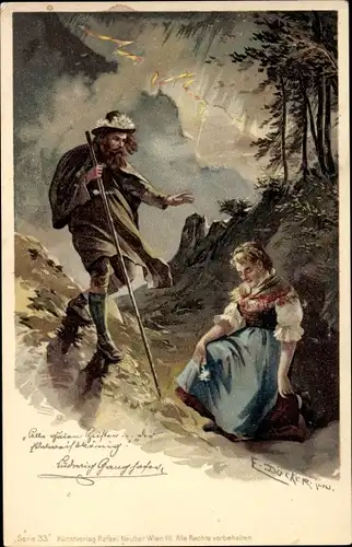 Künstler Litho Döcker, E., Ludwig Ganghofer, Wanderer, Frau in Volkstracht, Blitz 