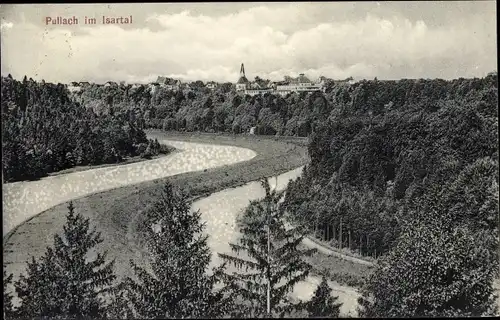 Ak Pullach Bayern, Isartal, Kirche, Wald, Fluss, Wohnhäuser