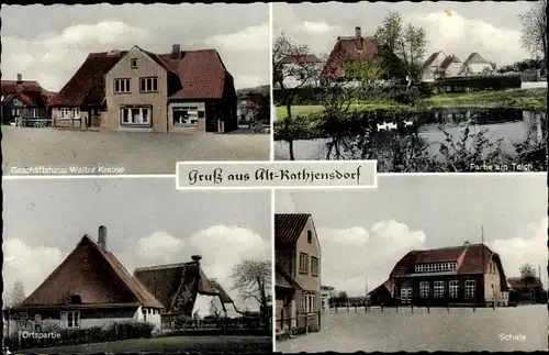 Ak Rathjensdorf in Schleswig Holstein, Geschäftshaus Walter Krause, Schule, Teich u. Ortspartie