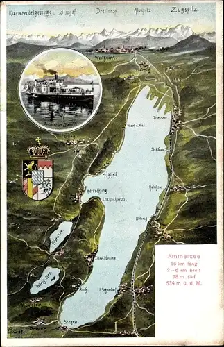 Landkarten Ak Felle, Eugen, Herrsching am Ammersee in Oberbayern, Salondampfer