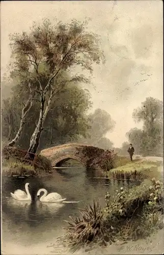 Künstler Litho Hayes, F. W., Flusspartie, Schwäne, Brücke, Landschaftsidylle, Meissner & Buch 1263