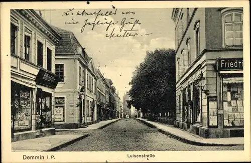 Ak Demmin in Vorpommern, Luisenstraße, Geschäft H. Holzfeller, Friedrich Koch, Apotheke