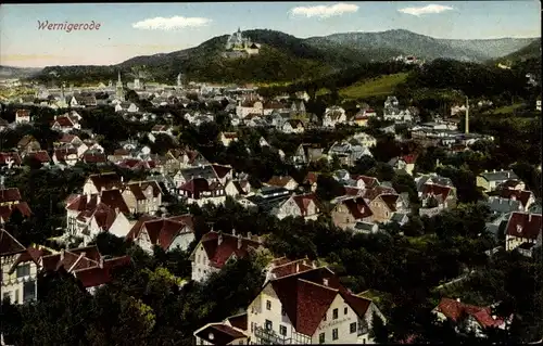 Ak Wernigerode am Harz, Teilansicht vom Ort mit Schloss, Bäume