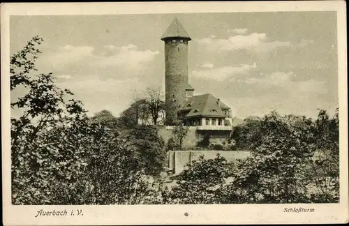 Ak Auerbach im Vogtland Sachsen, Schlossturm, Bäume