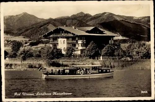 Ak Bad Wiessee in Oberbayern, Landhaus Hanselbauer mit See, Boot, Bergkette