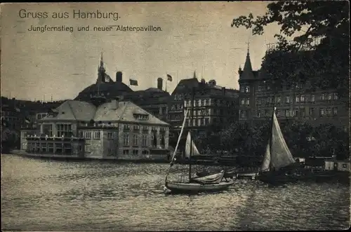Ak Hamburg Altstadt, Jungfernstieg und neuer Alsterpavillon, Segelboote, Wasser
