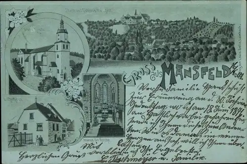 Mondschein Litho Mansfeld im Harzvorland, Lutherhaus, Kirche, Schloss